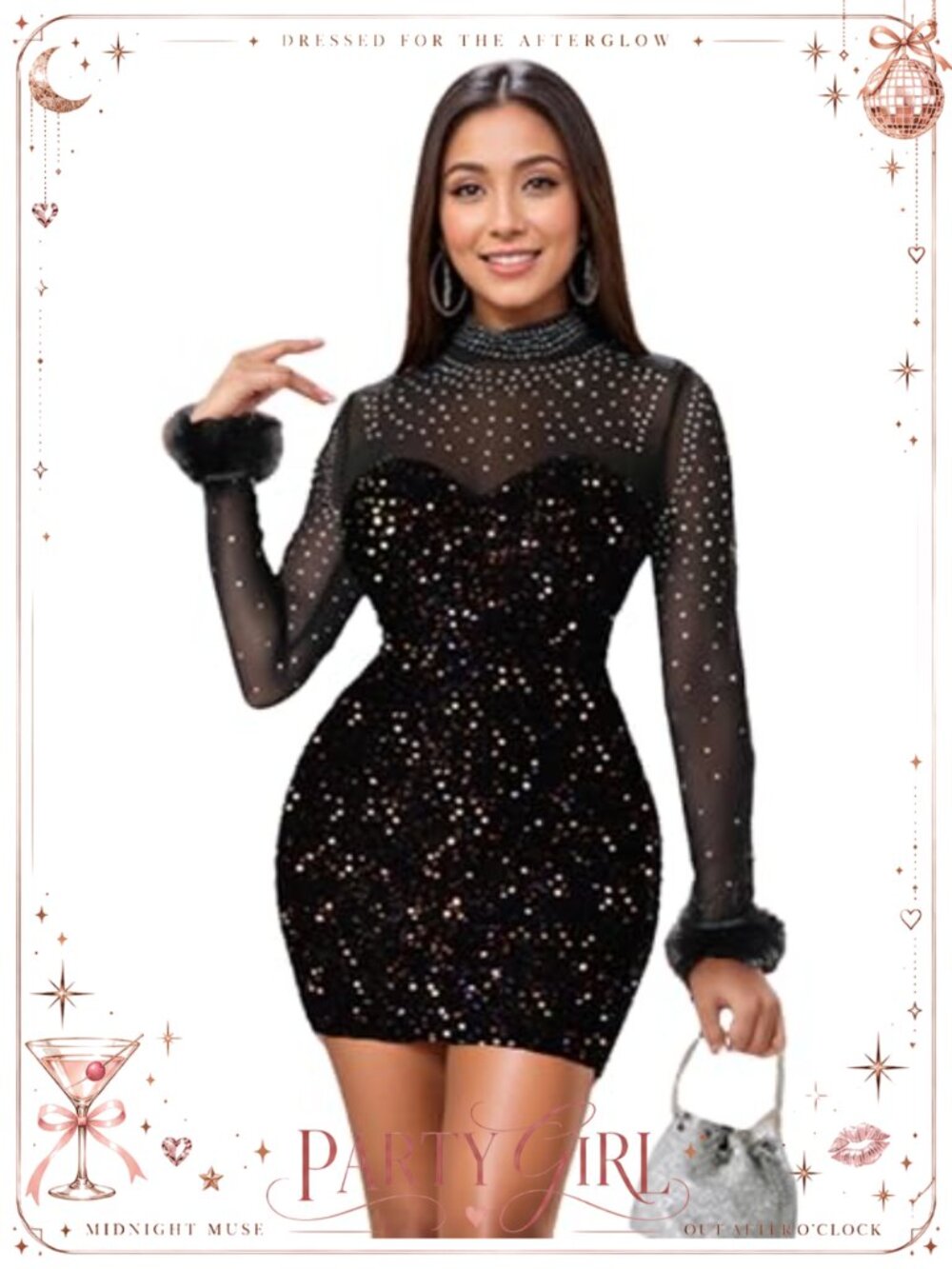 Rhinestone Sequin Bodycon Mini Dress Long Sleeve Feather Club Party
